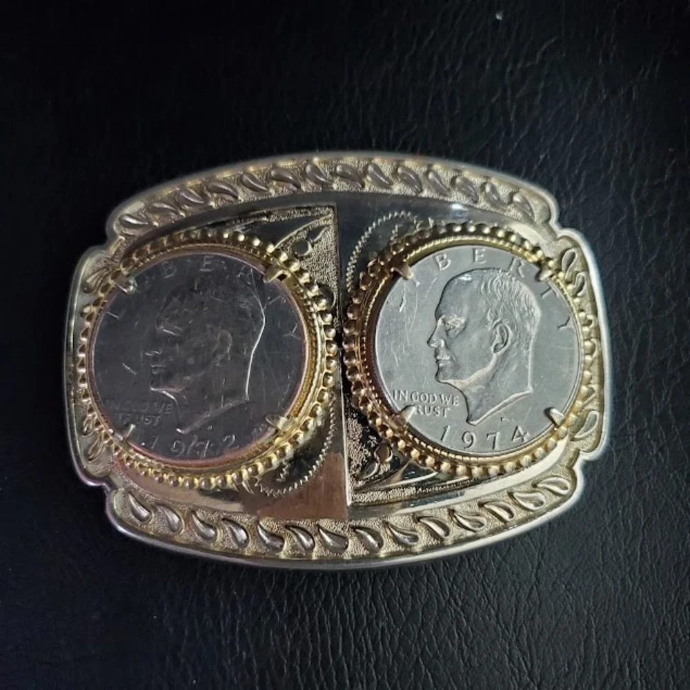 Vintage Eisenhower Dollar Belt Buckle 1972 1974 Two Tone Western Coin Buckle